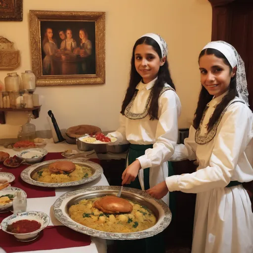 Prompt: Hvarnarian girls serving a traditional Botj Night meal to honored guests 
