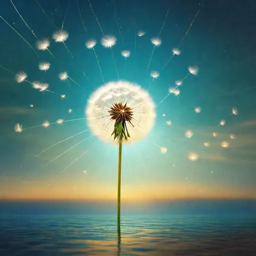 Prompt: THE GREATEST album cover, classic, famous, iconic, genre-defining, indie, alternative, brilliant, simple, minimalist, MODERN MASTERPIECE, 1938, starbursts in the sea, a dandelion seed floating suspended, behance hd