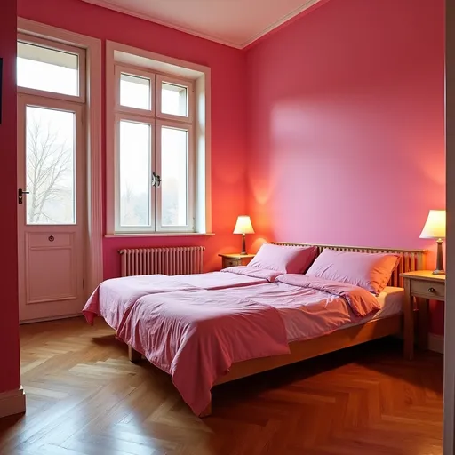 Prompt: 4 meter by 4 meter bedroom with a window on two of four walls and one doorway, red oak hardwood floor, king size bed, each wall painted in a different brilliant color, exciting, unique, bright, vaginal pink