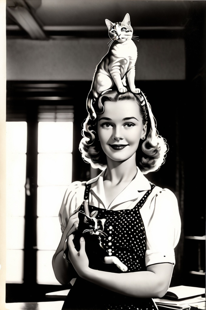 Prompt: Linotype of Bonita Granville holding a cat over her head 