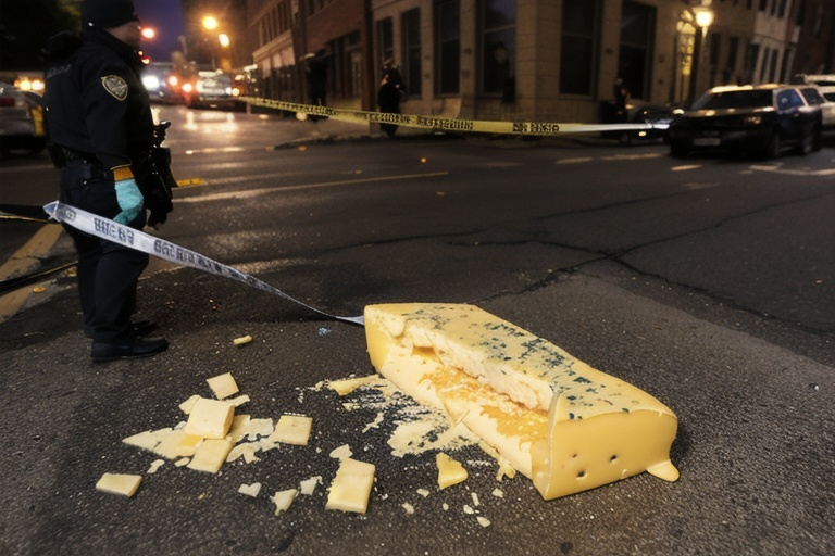 Prompt: Crime scene photos of the exploding cheese that threatened Pittsburgh 