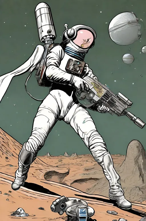 Prompt: Sveta Cuntgulper in a heroic 1930's futuristic space suit firing a ray gun at a robot on the surface of Mars in the style of Al Feldstein 1955, cameltoe 