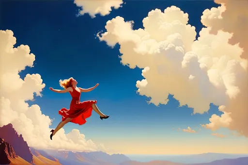Prompt: Helen Gint falling from the sky, in the style of Maxfield Parrish, 1934