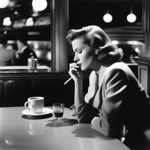 Prompt: At the diner counter at midnight, December 1942, a forlorn woman smokes a cigarette, and drinks a mug of black coffee, thinking of fellatio gone wrong 