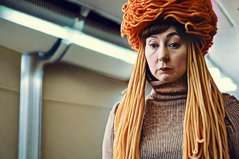 Prompt: a woman dressed entirely in spaghetti with a meatball hat.