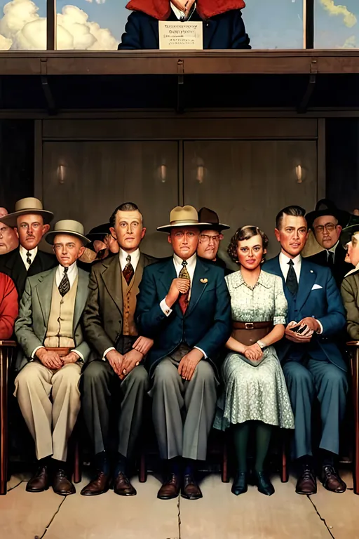 Prompt: Saturday Evening Post illustration “All the Dickheads of This Town in One Place” by Norman Rockwell, 1934