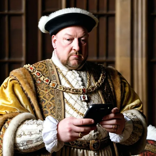 Prompt: Henry VIII checking his phone 