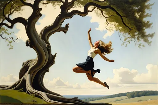 Prompt: An insane woman jumping up and down on a summer afternoon next to the twisted roots of a large tree, painted by Andrew Wyeth, 1956, oil on canvas 