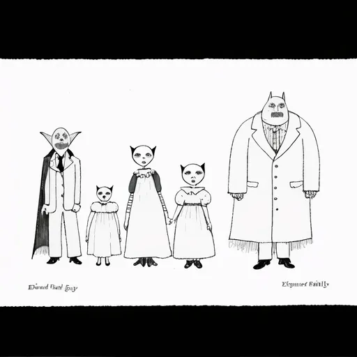 Prompt: Vampire family photo drawn by Edward Gorey 