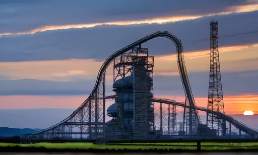 Prompt: Fukushima Daiichi Nuclear Power Plant Unit 3 roller coaster at sunrise 