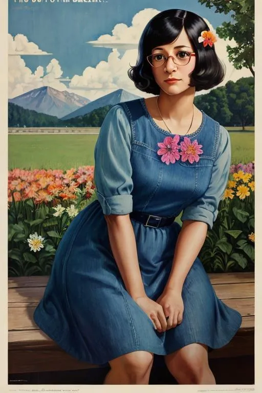 Prompt: Poster art of Tina Belcher in a flower dress, 1968 in an American WPA poster, serious, important, dire, inspirational, propaganda, formal, butch lesbian, denim, cottagecore,  technicolor, modest, realism, Norman Rockwell 