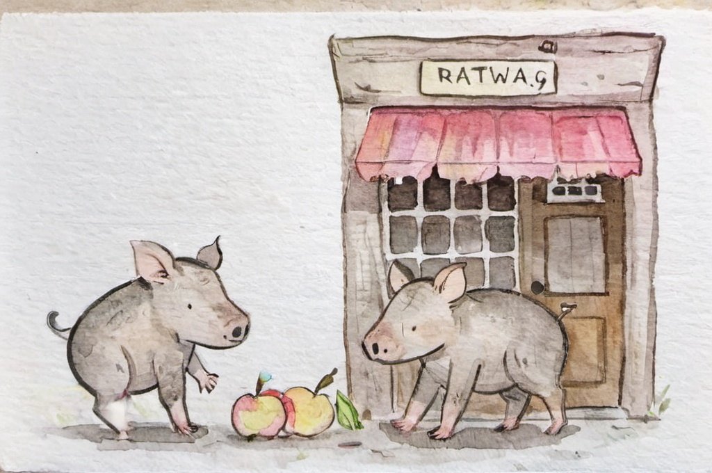 Prompt: Pressed rat and warthog have closed down their shop. They didn't want to; 'twas all they had got. Selling atonal apples and amplified heat and pressed rat's collection of doglegs and feet.