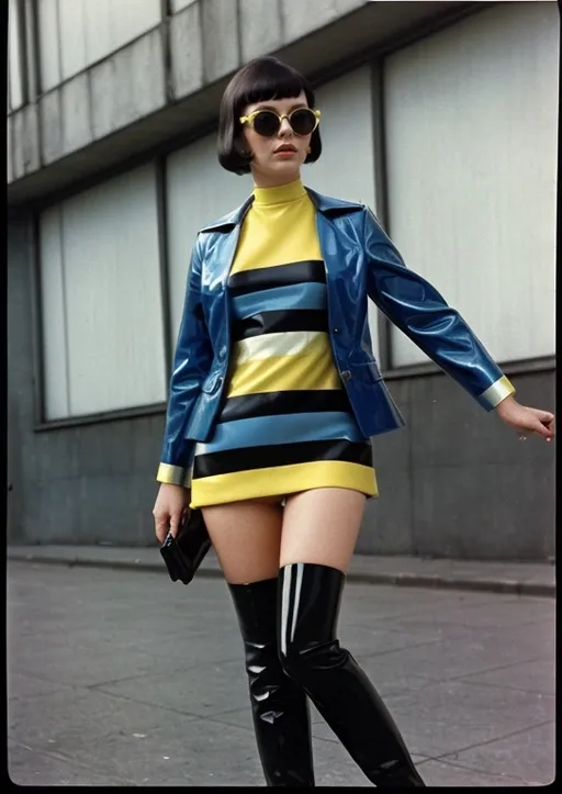 Prompt: Mod dress, 1968, bright patterns, midcentury, Hepton-Glumpff label, German modern style, dark haired model, urban setting, glossy fashion magazine photo, electric blue jacket, knee boots, sunglasses 