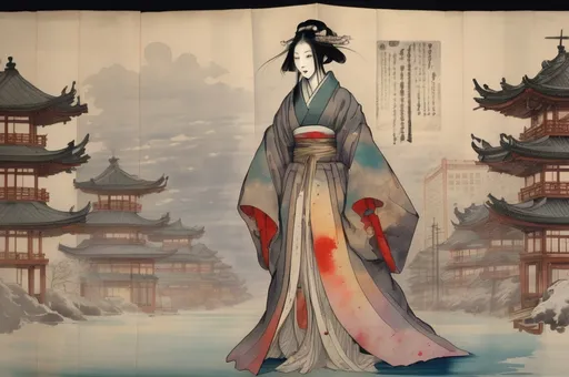 Prompt: Colorful scroll of the tale of Yuki-onna’s appearance in Chicago, where she tried deep dish pizza, but stained her kimono, and cursed the city with a never ending wind, ink on paper, 1636