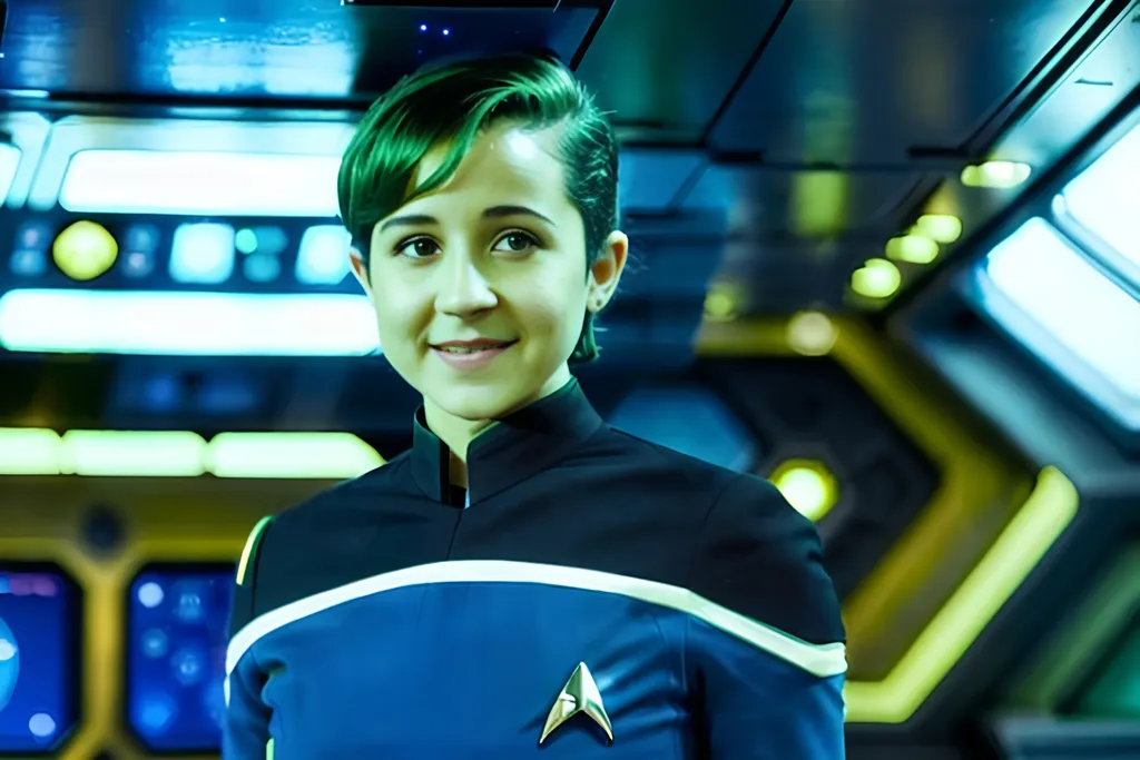 Prompt: Photorealistic D’vana Tendi (Noël Wells with green skin and short green hair) Star Trek The Next Generation. Short hair. Lesbian. Sideshave. Green skin. Green complexion. Green eyes. Blue uniform with black shoulders. Blue clothes. Blue shirt. Black pants. Starfleet medical. Star Trek. Green hair. Orion. Smiling. Laughing, happy. Green flesh. Green face. Green hands. Green body. Noël Wells. Lower Decks 