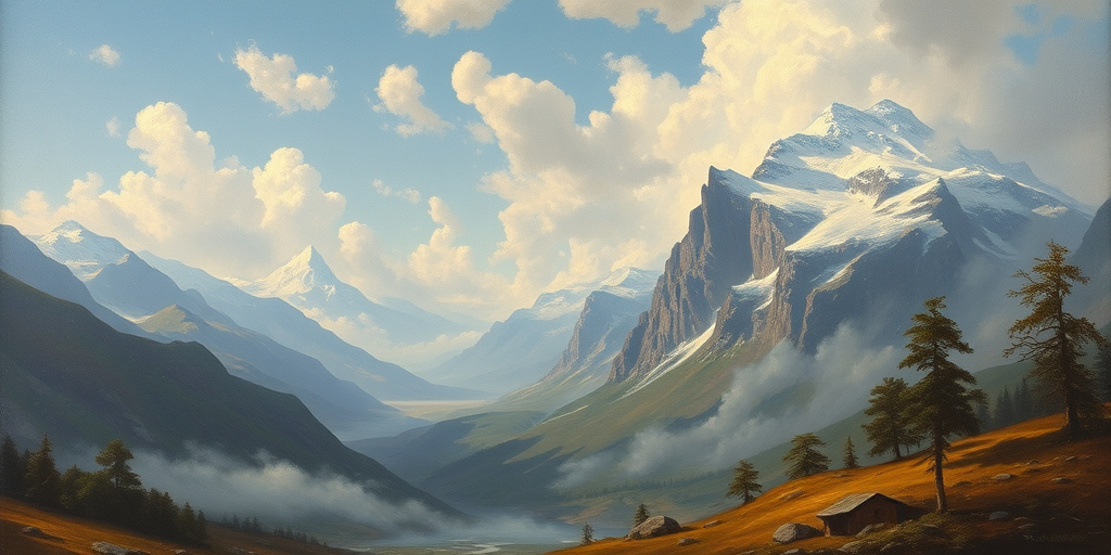 Prompt: The Great Moist of The Alps, painted by Frederic Edwin Church, 1860, oil on canvas, dreamy landscape, early American impressionist, scandalous, Jerry from Rick and Morty visible in the background 