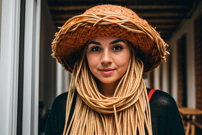 Prompt: a woman dressed entirely in spaghetti with a meatball hat.