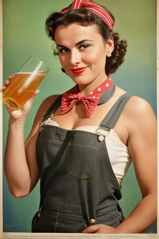 Prompt: Artist’s impression of Paulette Goddard in an American WWII WPA poster with her hair in a bandanna holding a glass of cider, 1942, serious, important, dire, inspirational, patriotic, propaganda, lesbian, overalls, “Join the Civilian Cider Corps”  bow tie MILF bright colors technicolor, pinup, 