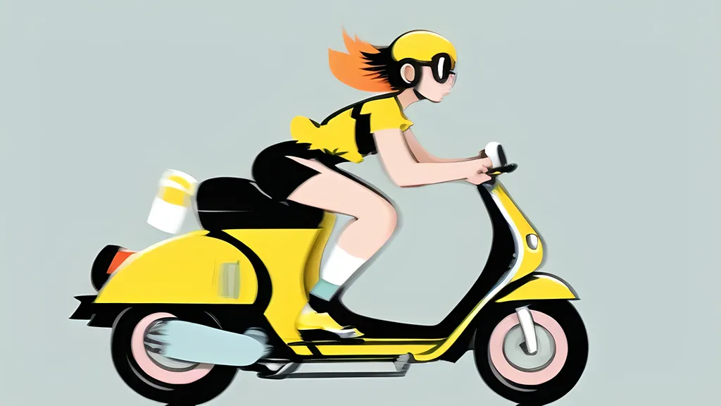 Prompt: Haruko riding her yellow Vespa very fast 