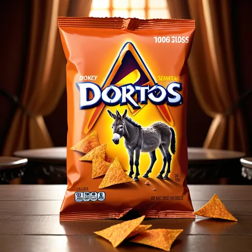 Prompt: Open bag of Donkey Semen Flavored Doritos, back lit, photorealistic, on an ornate table, commercial advertising 