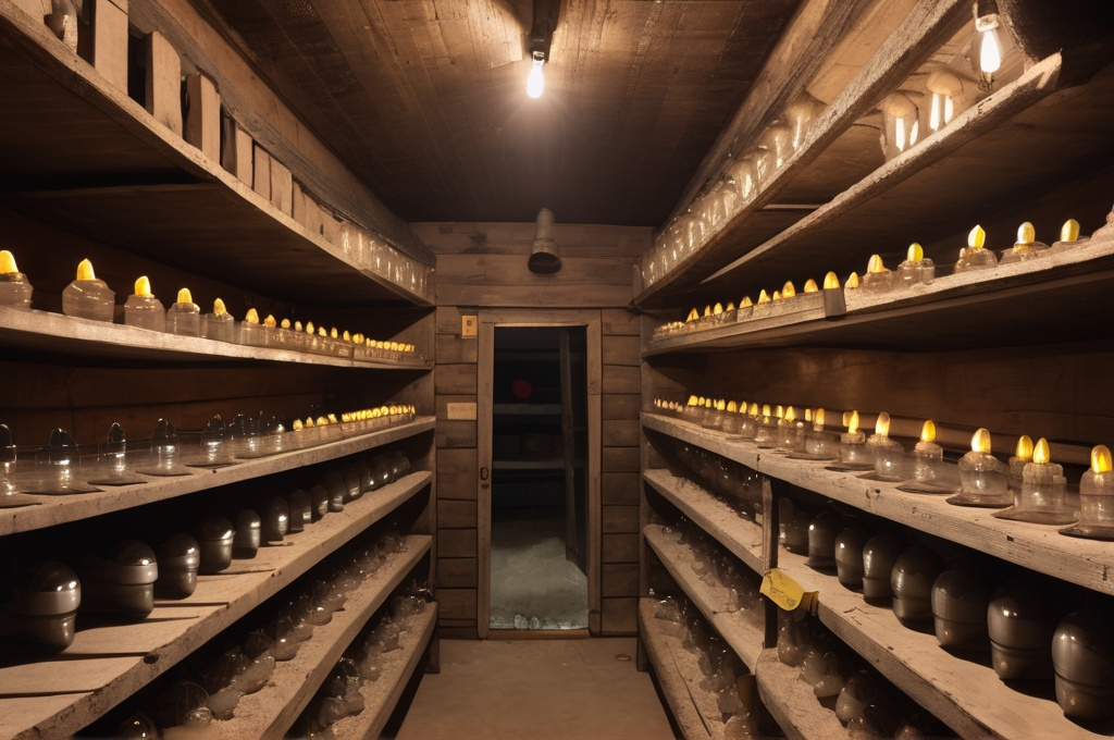 Prompt: Root cellar filled with lightbulbs and bow ties 