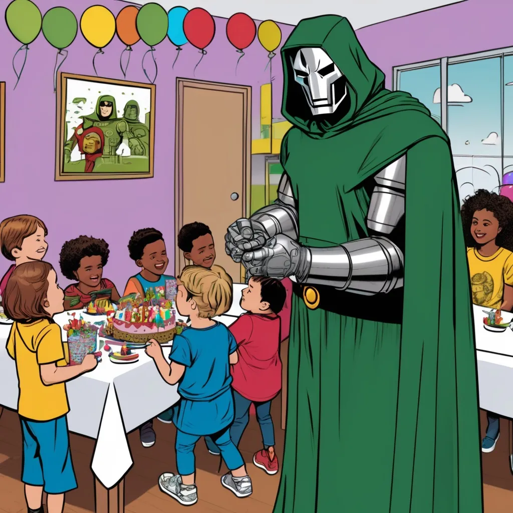 Prompt: Dr. Doom at a kid’s birthday party 