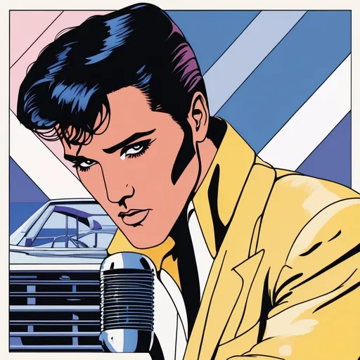 Prompt: Cover of the classic 1980 Elvis Presley new wave album Sparks, new wave hairstyle, angular, in the style of Patrick Nagel