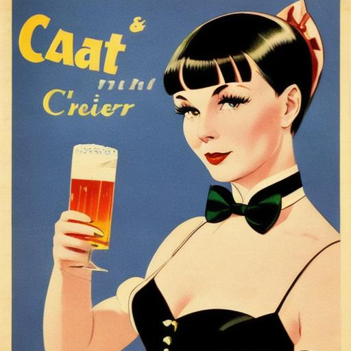 Prompt: 1950s English advertising poster for Cat & Stoat Cider featuring a posh Louise Brooks in a dress with a bow tie holding a pint of cider