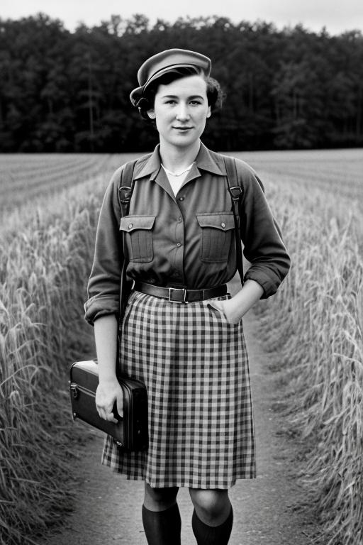 Prompt: American Depression-era WPA poster of dominatrix lesbian Victoria Goodknight standing in the middle of a rural field with a suitcase, gingham, 1942, serious, important, funny, realism, painted by Norman Rockwell