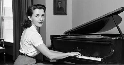 Prompt: Masprine Balch tuning a piano in her Manhattan apartment on the hottest day of the year in 1948 