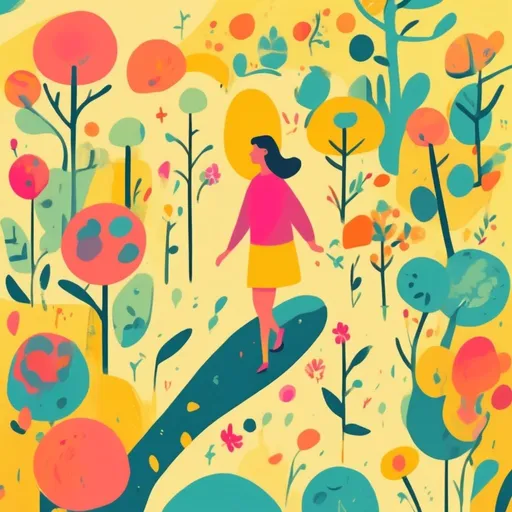 Prompt: illustration character design, cartoonish whimsical style. Woman walking in a garden, bright colors simple shapes, sunny backdrop, erections