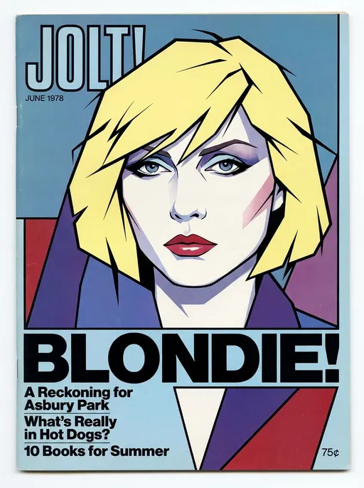 Prompt: JOLT! Magazine cover for June 1978 with Debbie Harry portrait cover artwork by Patrick Nagel, article headline: Blondie!


Secondary articles: 
A Reckoning for Asbury Park,
What’s Really in Hot Dogs?,
10 Books for Summer