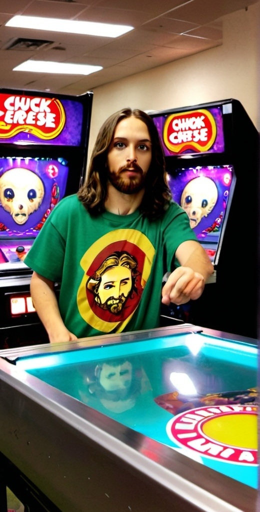 Prompt: Jesus Christ with an eyepatch playing pinball at Chuck E Cheese’s 