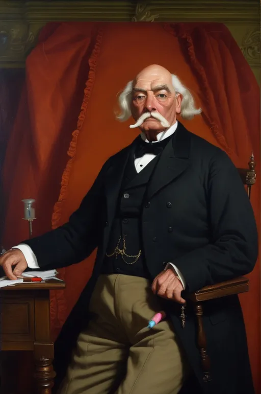Prompt: Heroic portrait of the inventor of the tampon, Sir Charles Adrian Plumbot-Crabfinger, oil on canvas, 1860