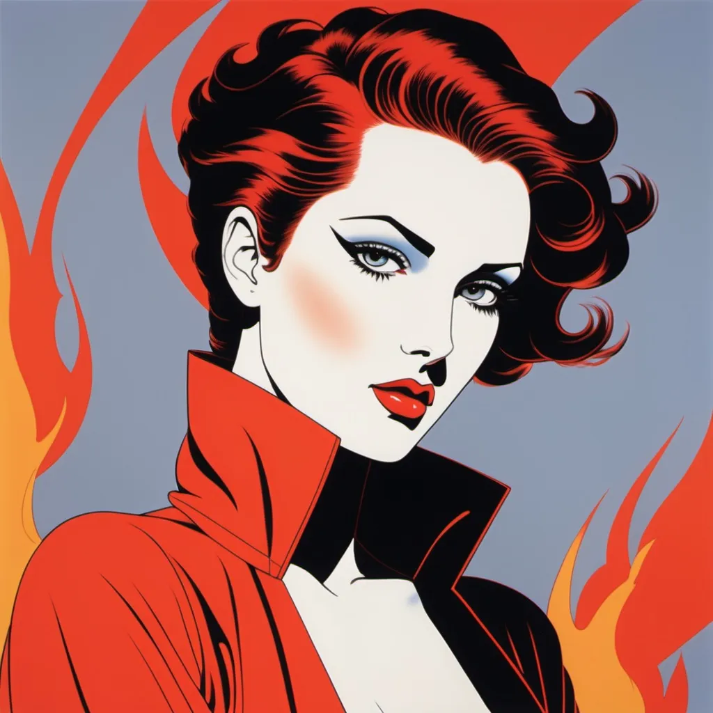 Prompt: Patrick Nagel’s Girl On Fire