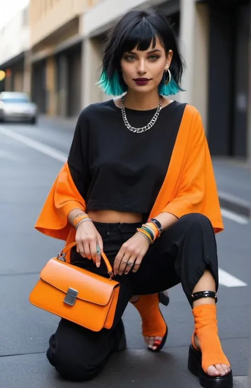 Prompt: Melbourne wanktoast aesthetic, 2038 fashion, bright colors, matte black, metallic accents, asymmetrical hair, orangine anklet, Skibidi handbag 