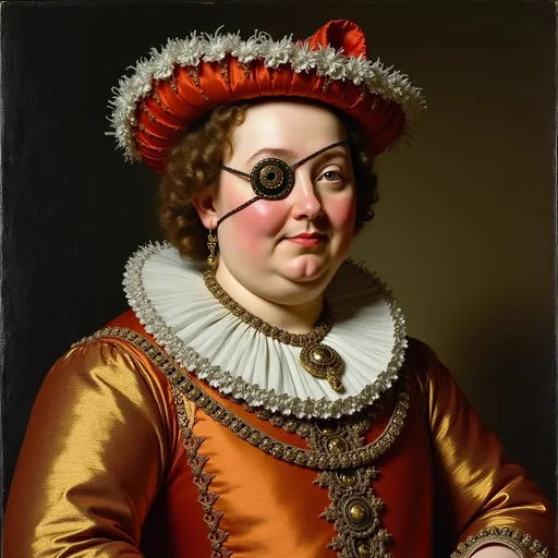Prompt: Portrait of Lady TrentenFlouter Bigglesby, Lady of the First Fruits and Tenths and Proprietress of Queen Anne’s Bounty, 30s, fat, pockmarked, ornate eyepatch and chatelaine, 17th century 