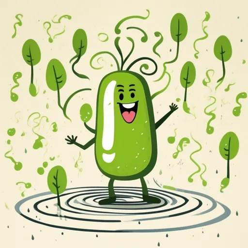Prompt: illustration character design, cartoonish whimsical style, dancing pickle noodles, seedlings, algorithmic maps, Irish hearth, happy, giggling, rain shadow