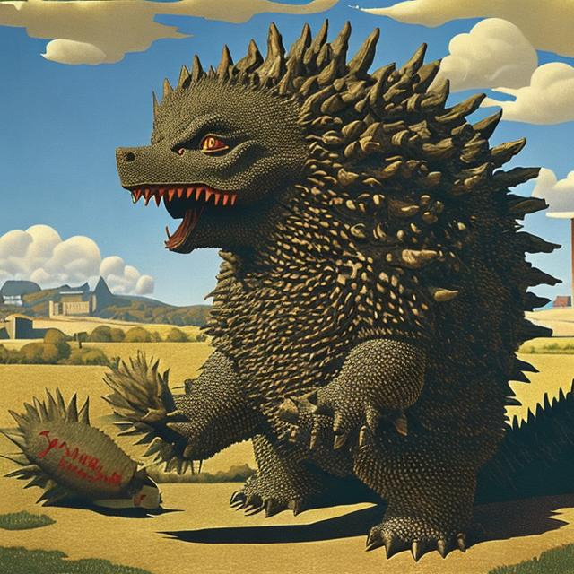 Prompt: Anguirus Moves to Kansas by Grant Wood