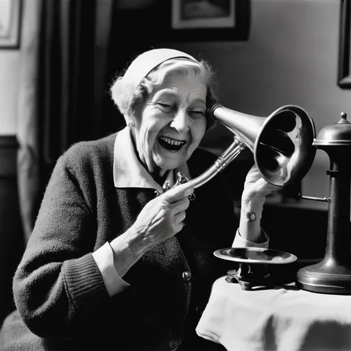 Prompt: Granny and her ear trumpet listening to Jinjer Cat on the wireless on a December evening, 1932, and laughing at a particularly ribald pun