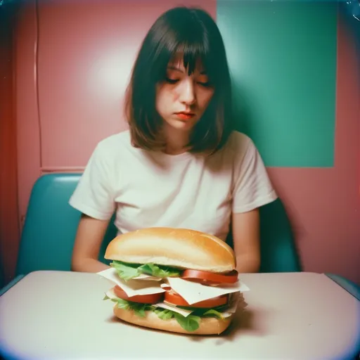 Prompt: Analog film photography still, nicotine girl sandwich, grainy fujifilm film, anaglyph effect