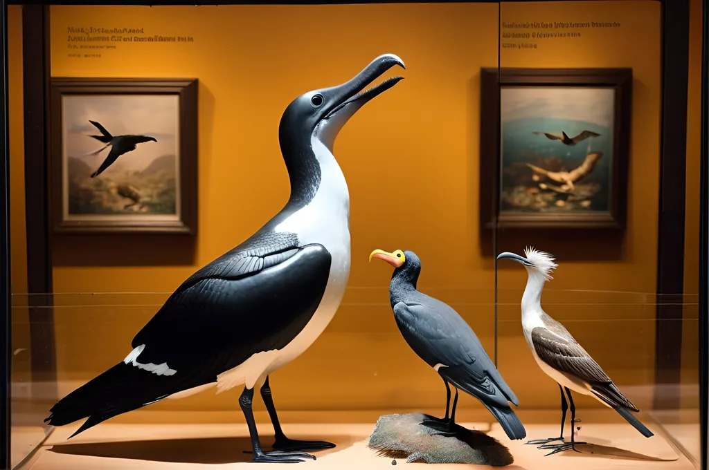 Prompt: American Museum of Natural History Hall of Birds diorama with an Andean whalebird and Bolivian turnipeaters 