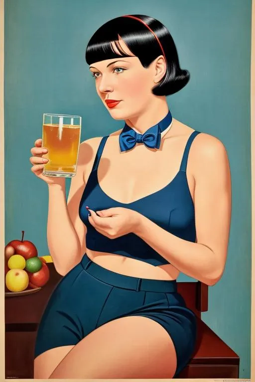 Prompt: Poster art of Louise Brooks in an American WWII WPA poster with her hair in a bandanna holding a glass of cider, 1942, serious, important, dire, inspirational, patriotic, propaganda, lesbian, “Join the Civilian Cider Corps”  bow tie, bright colors technicolor, WARTIME, modest, pretty, 