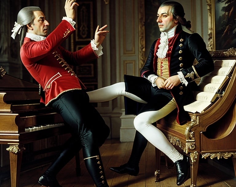 Prompt: Mozart goes insane and kicks Salieri in the nuts