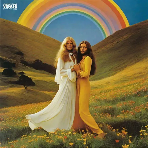 Prompt: THE GREATEST album cover, classic, famous, iconic, genre-defining, indie, alternative, brilliant, simple, minimalist, MODERN MASTERPIECE, Hobbits on Venus, dancing with ribbons, lesbian, beautiful, 1973, 