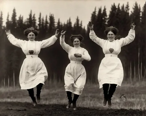 Prompt: Jumping Udmurt women in a photo from 1903