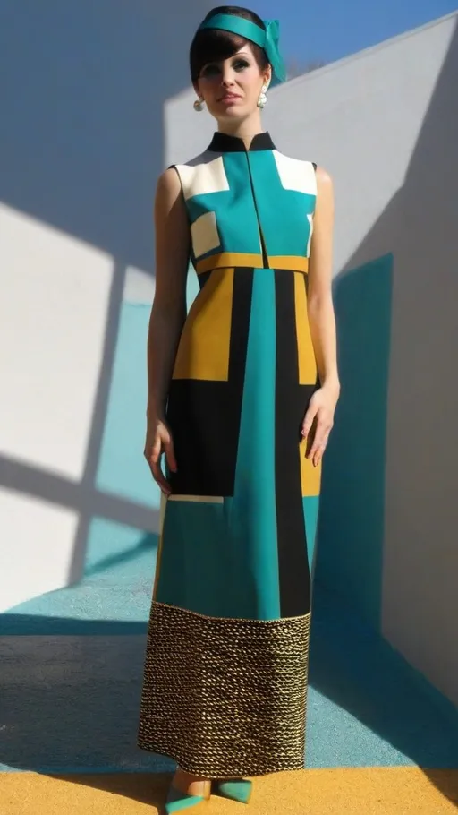 Prompt: Fancy fashionable 1968 mod dress, geometric design, white, teal, gold