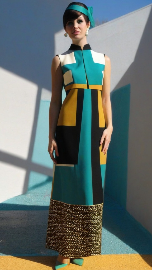 Prompt: Fancy fashionable 1968 mod dress, geometric design, white, teal, gold