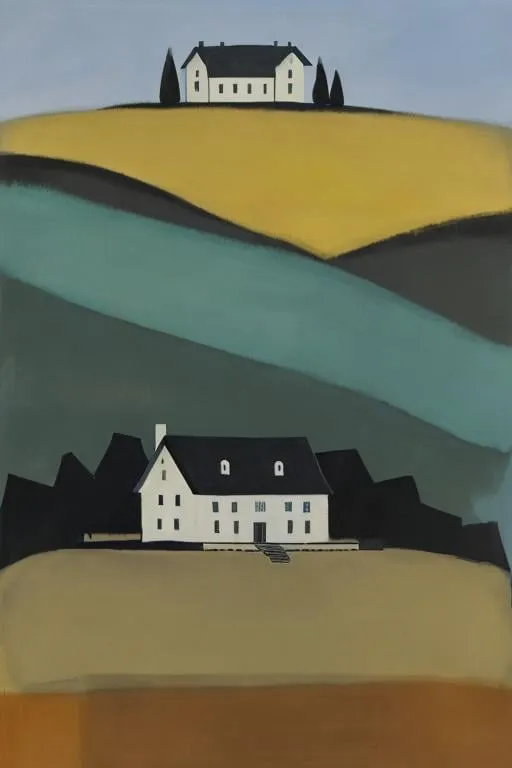 Prompt: Painting of a house on a hill by Mark Rothko