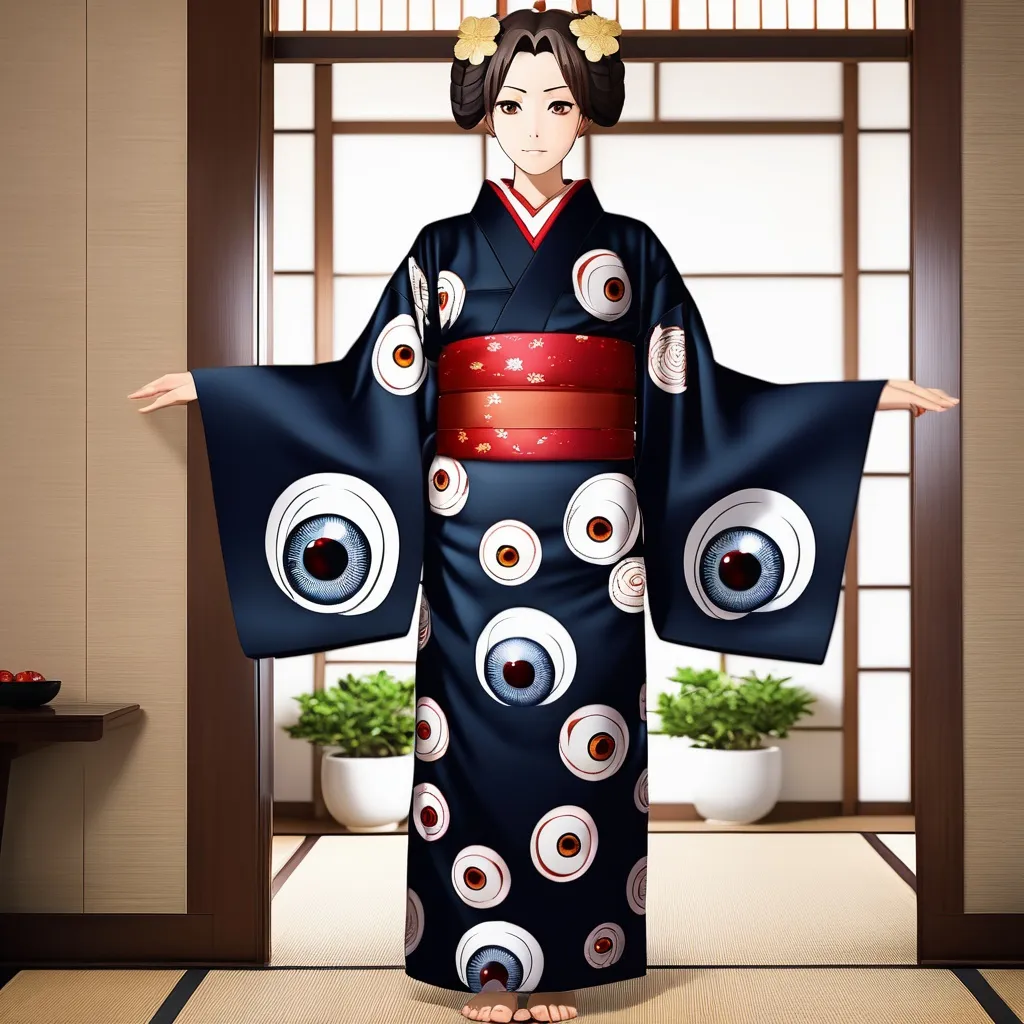 Prompt: Beautiful yukata with eyeballs and a dark red obi 